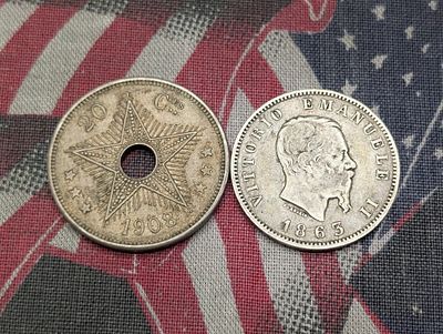 1863-M Italy 1 Lira (82.5% Silver) & 1908 Belgian Congo 20 Centimes. 1863-M Italy 1 Lira (82.5% 