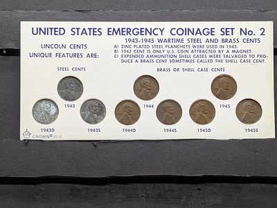 United States Emergency Coinage Set - Steel & Brass Lincoln Cents in Display - Includes P, D, & 