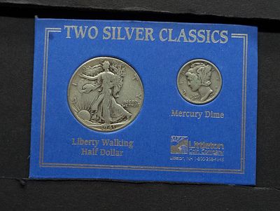 Two Silver Classics - 1941 Walking Liberty Half Dollar & 1941-D Mercury Dime in Littleton Display. 