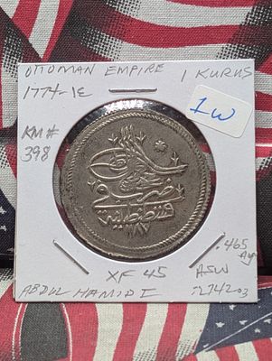 Ottoman Empire 1 Kurush, Abdul Hamid II, AH 1293 Year 2 (1877 AD), KM 398, .830 silver 