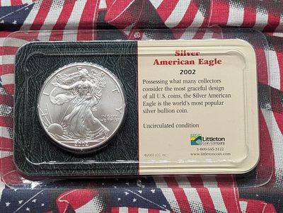 US 2002 American Silver Eagle, KM-273, Uncirculated, In Littleton Package - One Troy Ounce .999 