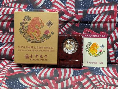 Bank of Taiwan 2010 Lunar Year of the Tiger Two Dollar Silver Proof Coin (Gilded Edition) In 