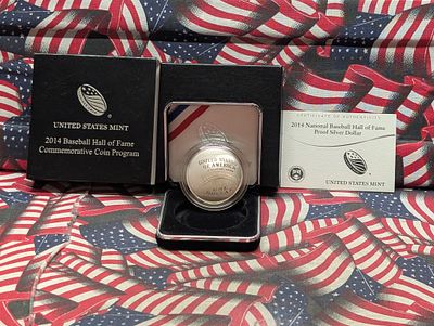 US 2014-P National Baseball Hall of Fame 90% Silver Proof Dollar, 26.73g. In OGP 