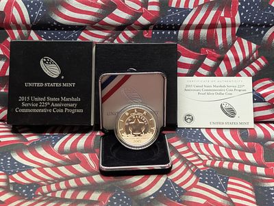 2015-P US Marshals Service 225th Anniversary 90% Silver Proof Dollar, 26.73g in OGP w/COA. 2015- 
