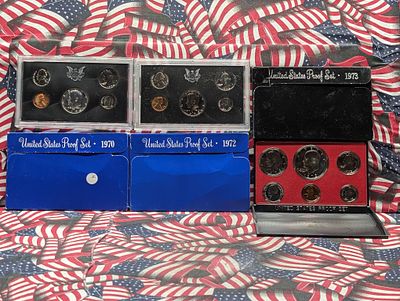 1970-S contains a 40% Silver Kennedy Half Dollar, 1972-S, 1973-S U.S. Mint Proof Sets All In OGP. 