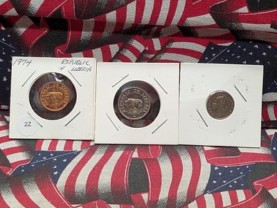 1974 3-coin Republic of Liberia coin set - One Cent, Five Cent, & Ten Cent Coins. 1974 3-coin 