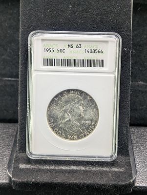 US 1955 Franklin Half Dollar, Silver, KM-199, ANACS MS 63 Condition PLEASE NOTE Some coins may 