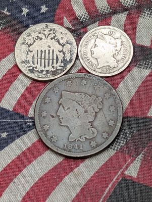 1841 Braided Hair Large Cent (Damaged), 1867 Shield Nickel, & 1867 Three Cent Nickel. 1841 