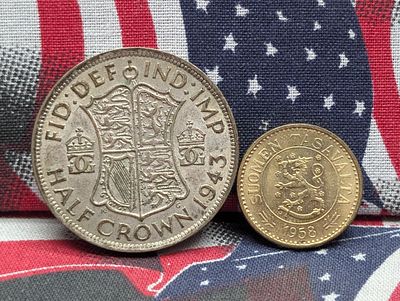 1943 United Kingdom 1/2 Silver Crown & 1958 Finland 10 Markkaa. 1943 United Kingdom 1/2 Silver 