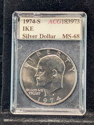 US 1974-S Eisenhower Dollar, 40% Silver, KM-203a, ACG MS-68 Condition PLEASE NOTE Some coins 