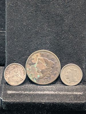 1827 Coronet Head Large Cent, 1840 Seated Liberty Dime, & 1865 Three Cent Nickel. 1827 Coronet 