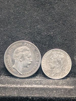 1914 Belgium 1 Silver Franc - KM-72 & 1911-A Prussia 2 Silver Mark. 1914 Belgium 1 Silver Franc 