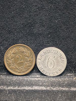 1829 German States Saxe-Meiningen 6 Silver Kreuzer & 1936-B Switzerland 2 Rappen - KEY DATE. 1829 