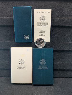 1991-P PROOF Korean War Memorial Commemorative 90% Silver Dollar in OGP w/ COA Condition PLEASE 
