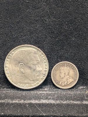 1914 Canada 5 Silver Cents & 1938-D German Third Reich 2 Silver Reichsmark - KM-93. 1914 Canada 