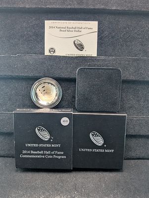 US 2014-P National Baseball Hall of Fame 90% Silver Proof Dollar, 26.73g. In OGP 