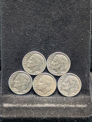 (5) 1964-D 90% Silver Roosevelt Dimes, 62 Years Old! Condition PLEASE NOTE Some coins may have 