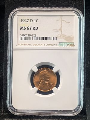 1942-D Lincoln Wheat Cent, Graded By NGC MS 67 RD Condition PLEASE NOTE Some coins may have a 
