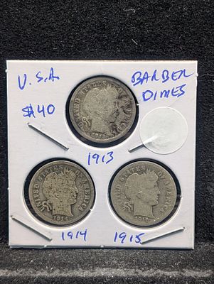 1913, 1914, 1915 Silver Barber Dimes Condition PLEASE NOTE Some coins may have a grade on the 