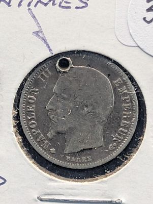 1856-BB France Silver 50 Centimes - Holed Condition PLEASE NOTE Some coins may have a grade on 
