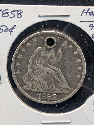 1858 Seated Liberty Half Dollar. Holed. 90% Silver. 1858 Seated Liberty Half Dollar. Holed. 