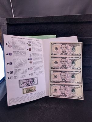 Uncut Sheet of Four 2009 Five Dollar Federal Reserve Notes In Display Folder Condition PLEASE 