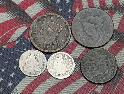 1818 Coronet Head Large Cent, 1828 Half Cent, 1844 Braided Hair Large Cent, 1854 Seated Liberty 