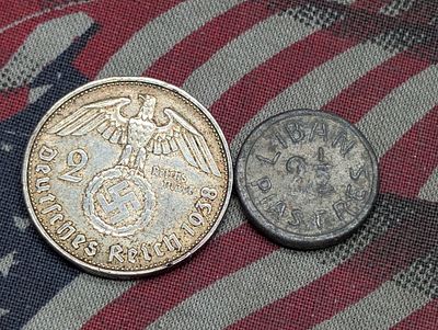1938-B Germany 2 Silver Reichsmark & (1941) Lebanon 2 1/2 Ghirsh/Piastres. 1938-B Germany 2 