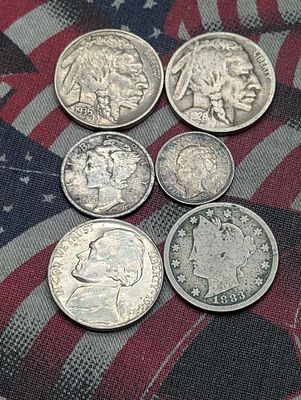 1883 Liberty Head V Nickel w/Cents, 1917 Mercury Dime, 1926-S & 1936 Buffalo Nickels, 1944-P 