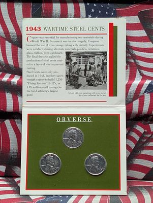 1943 PD&S Lincoln Steel Wartime Wheat Cent Mint Mark Collection in Display. 1943 PD&amp;S 