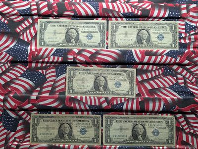 Five 1957 U.S. $1 Silver Certificate Notes Condition PLEASE NOTE Some coins may have a grade on 