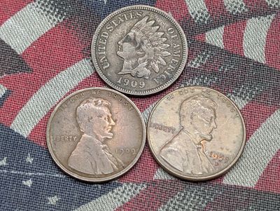 1909 VDB Lincoln Wheat Cent First Year, 1909 Indian Head Cent Last Year & 1959-D Lincoln 