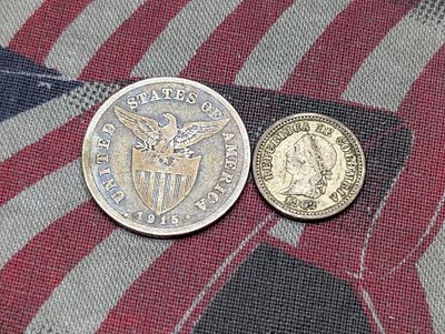 1915-S Philippines 20 Silver Centavos - KEY DATE & 1902 Colombia 5 Silver Centavos. 1915-S 