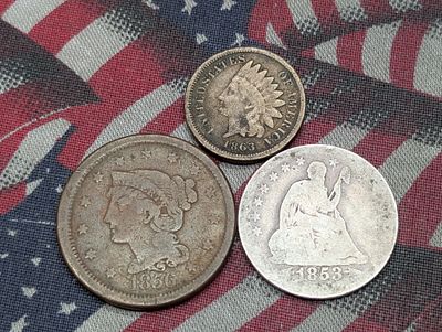 1853 Seated Liberty Half Dollar w/Arrows, 1856 Braided Hair Large Cent, 1863 Indian Head Cent. 18 