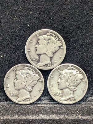 (3) 1942-D Mercury Dimes Condition PLEASE NOTE Some coins may have a grade on the package or in 
