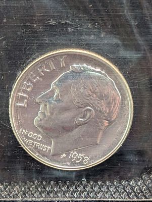 1958 Proof 90% Silver Roosevelt Dime Cut From Proof Set. Original Cellophane Condition PLEASE 