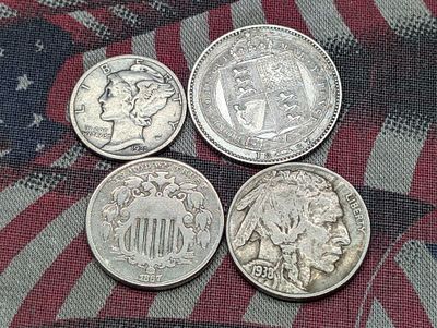 1867 Shield Nickel, 1887 Great Britain Shilling, 1931-D Mercury Dime, & 1938-D Indian Head 