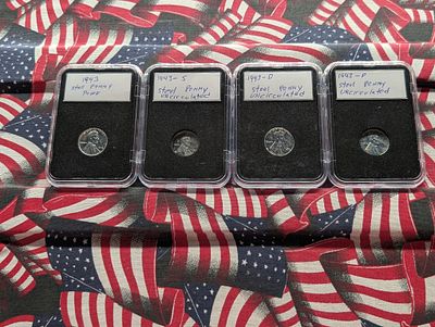 1943 P, D, & S Uncirculated Lincoln Steel Wheat Cents & 1943-P Proof Lincoln Steel Wheat Cent. 19 