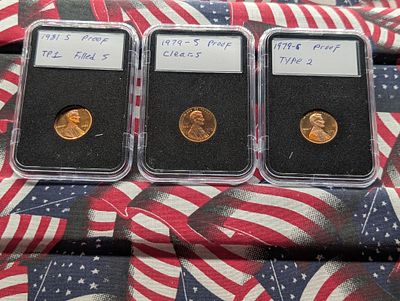 1979-S Proof Clear "S", 1979-S Proof Type 2, & 1981-S Proof Type 1 Filled "S" Lincoln Memorial Cents