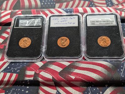 1982-P Small Date UNC Copper, 1982-P Small Date UNC Zinc, & 1982-D Large Date UNC Zinc Lincoln 