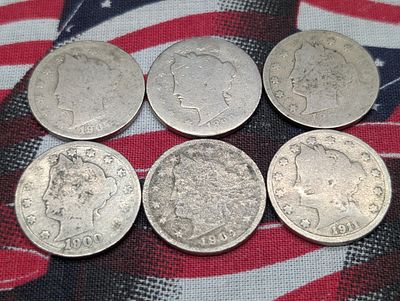1890, 1900, 1904, 1911, & (2) Unreadable Liberty "V" Nickels, All Low Grade. 1890, 1900, 1904 