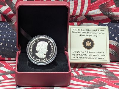2013 $5 Fine Silver High Relief Piedfort 25th Anniversary Silver Maple Leaf Coin, .9999 Fine 