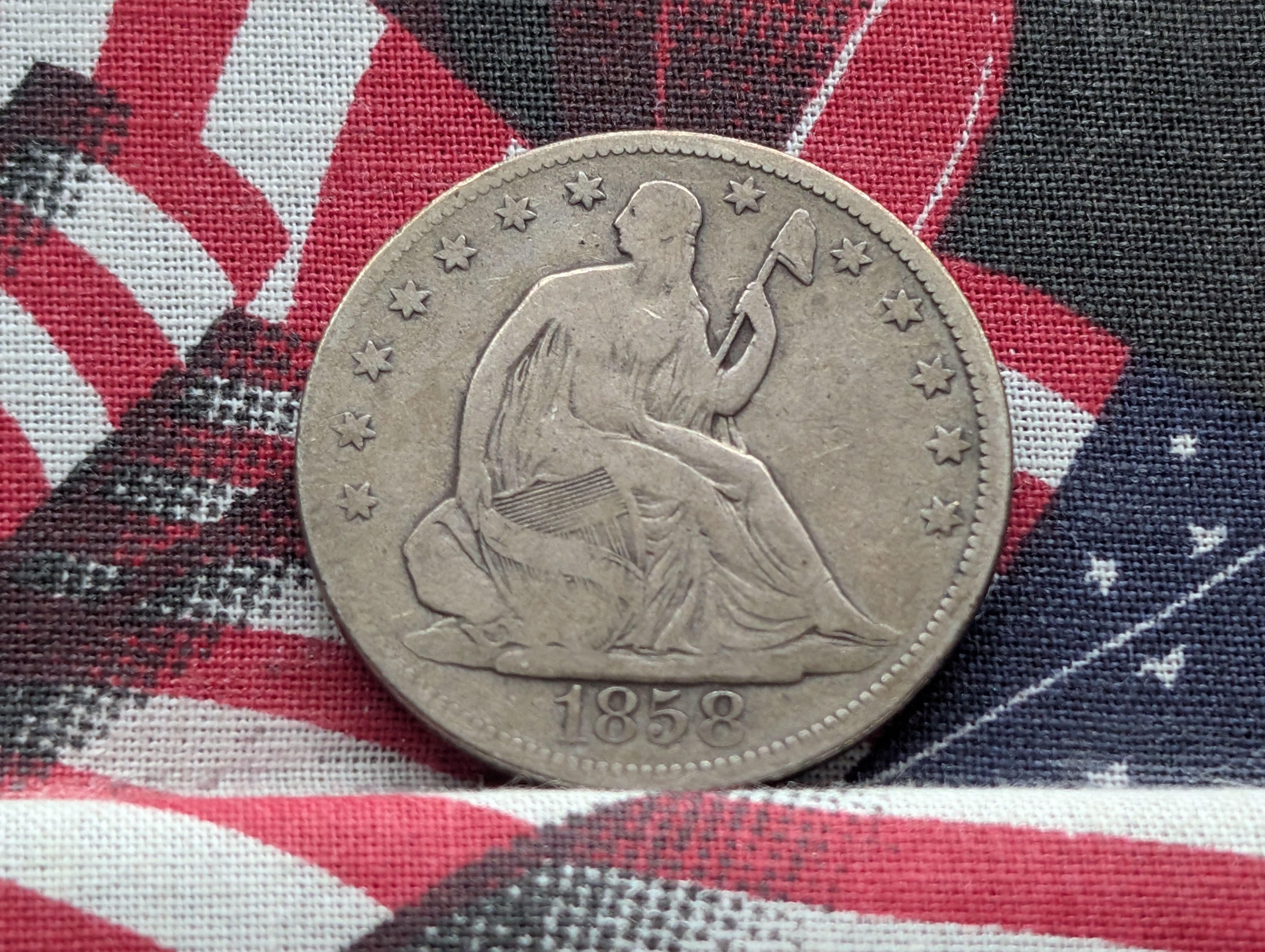 1858 w/ Drapery Seated Liberty 90% Silver Half Dollar
