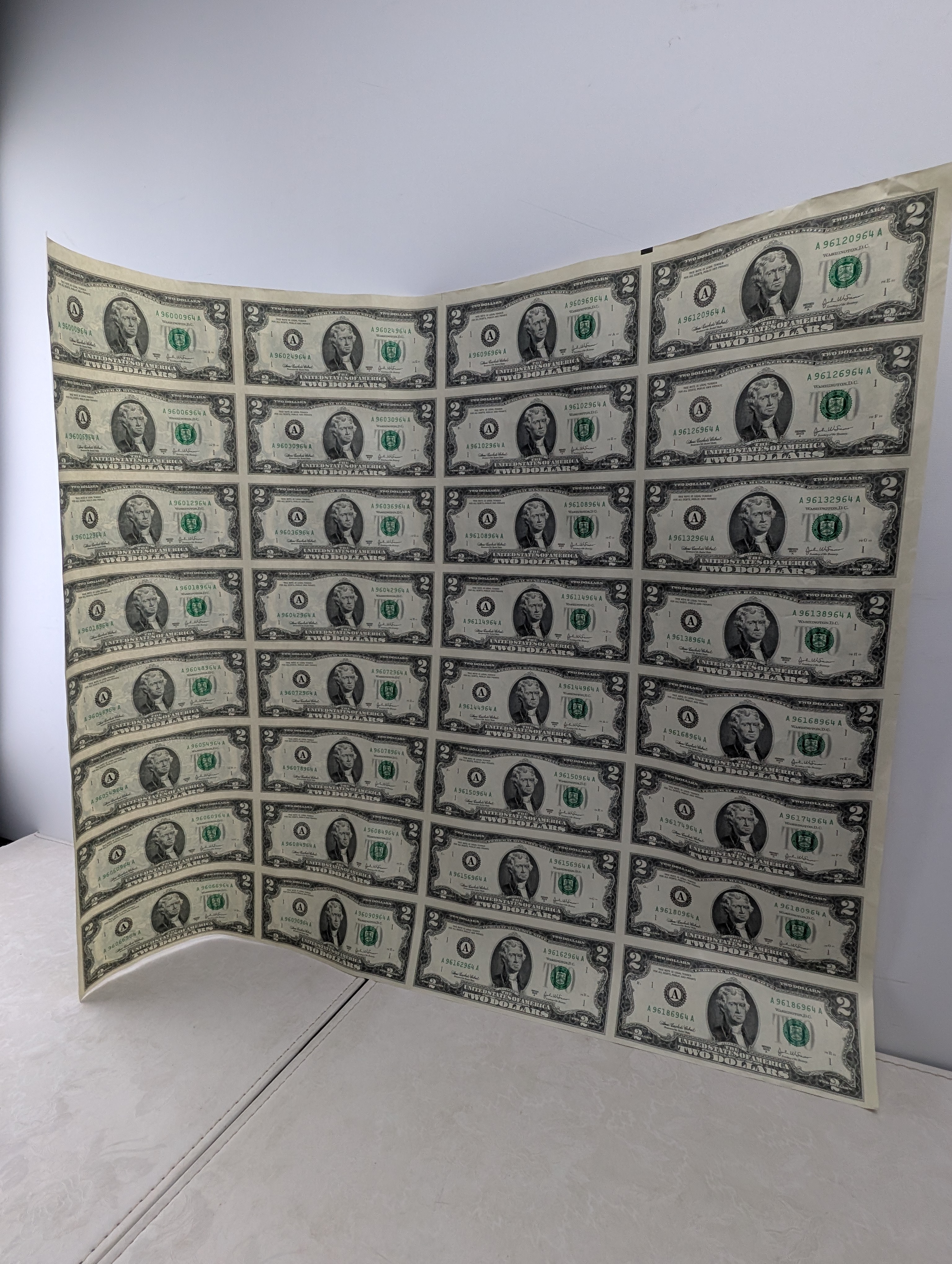 Sheet of 32 Uncut 2003 A Series $2.00 Boston Federal Reserve Notes
