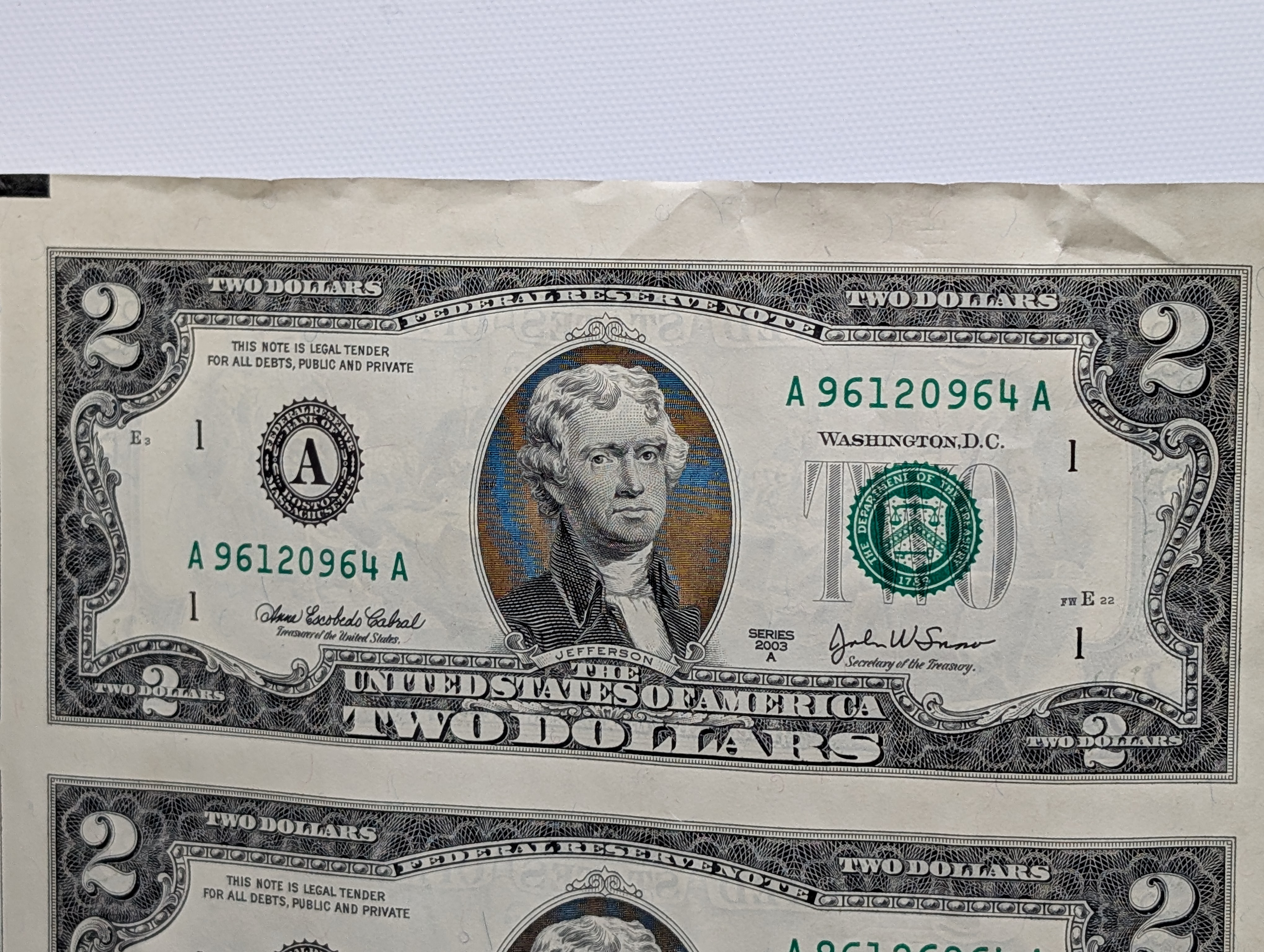 Sheet of 32 Uncut 2003 A Series $2.00 Boston Federal Reserve Notes