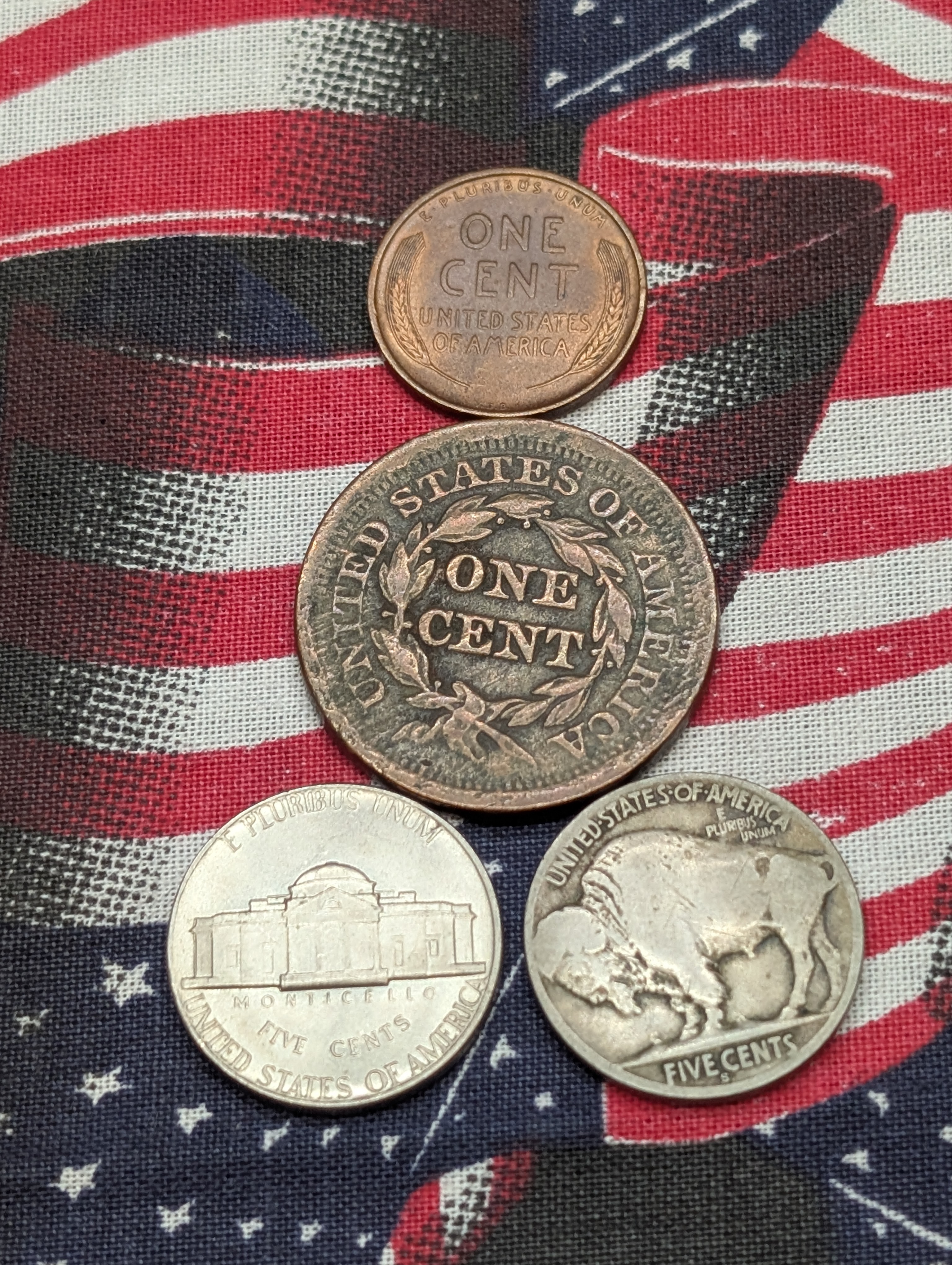 1852 U.S. Large Cent, 1976 Off Center Error Jefferson Nickel, 1918-S Indian Head Buffalo Nickel, 1909 VDB Lincoln Wheat Cent