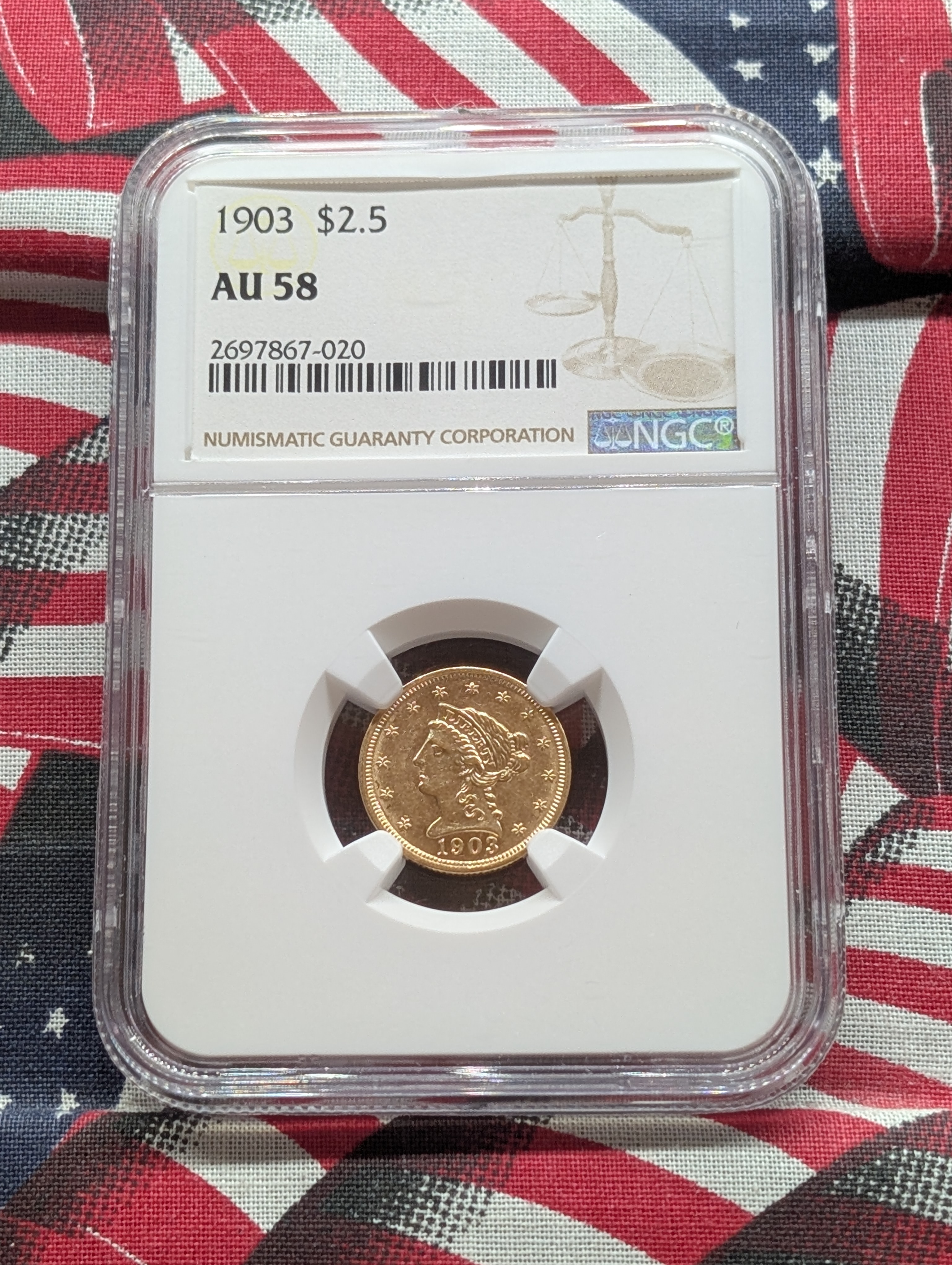 1903 Liberty Head $2.50 90% GOLD Quarter Eagle - NGC AU58