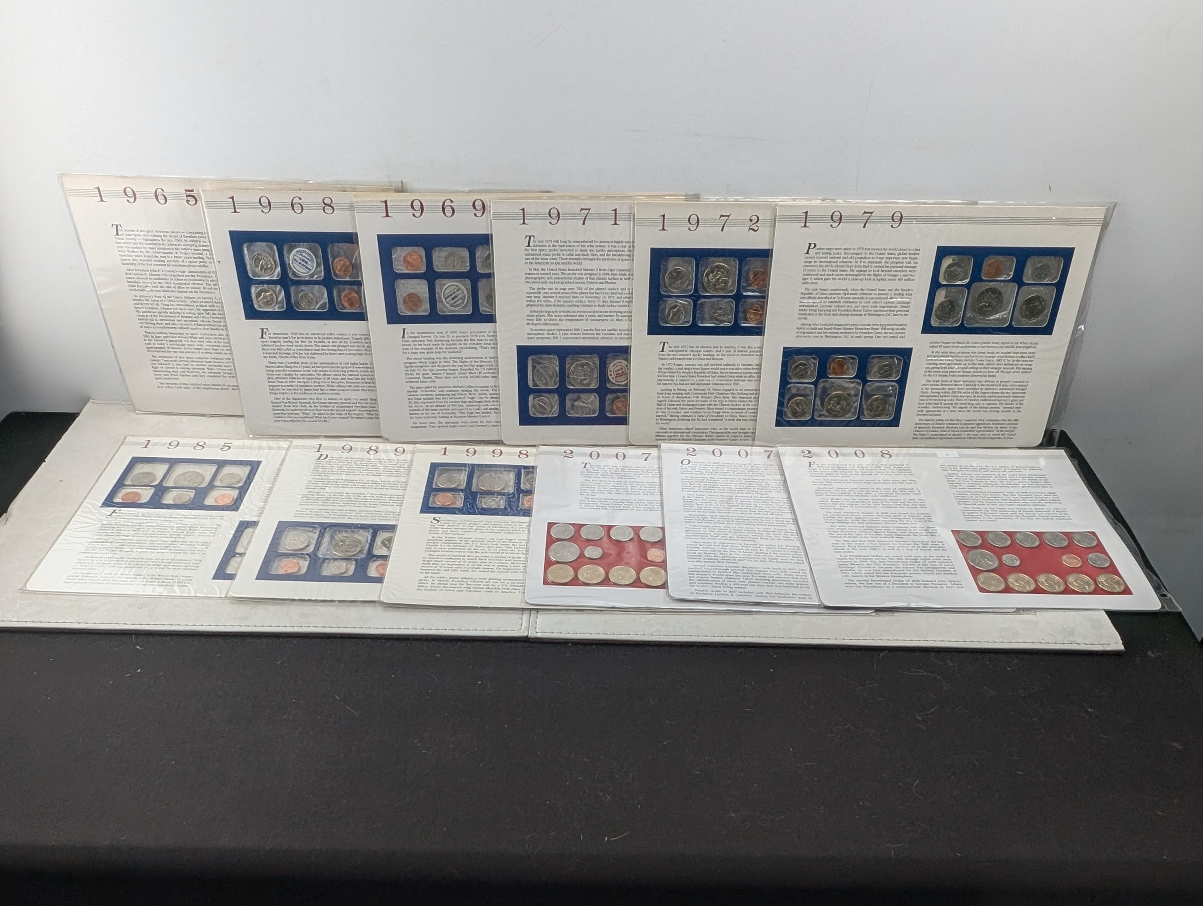 (12) U.S. Uncirculated Mint Sets P&D In Information Display Cards w/ Commemorative Stamps - Includes Some Silver Coins (1965 to 2008), Three