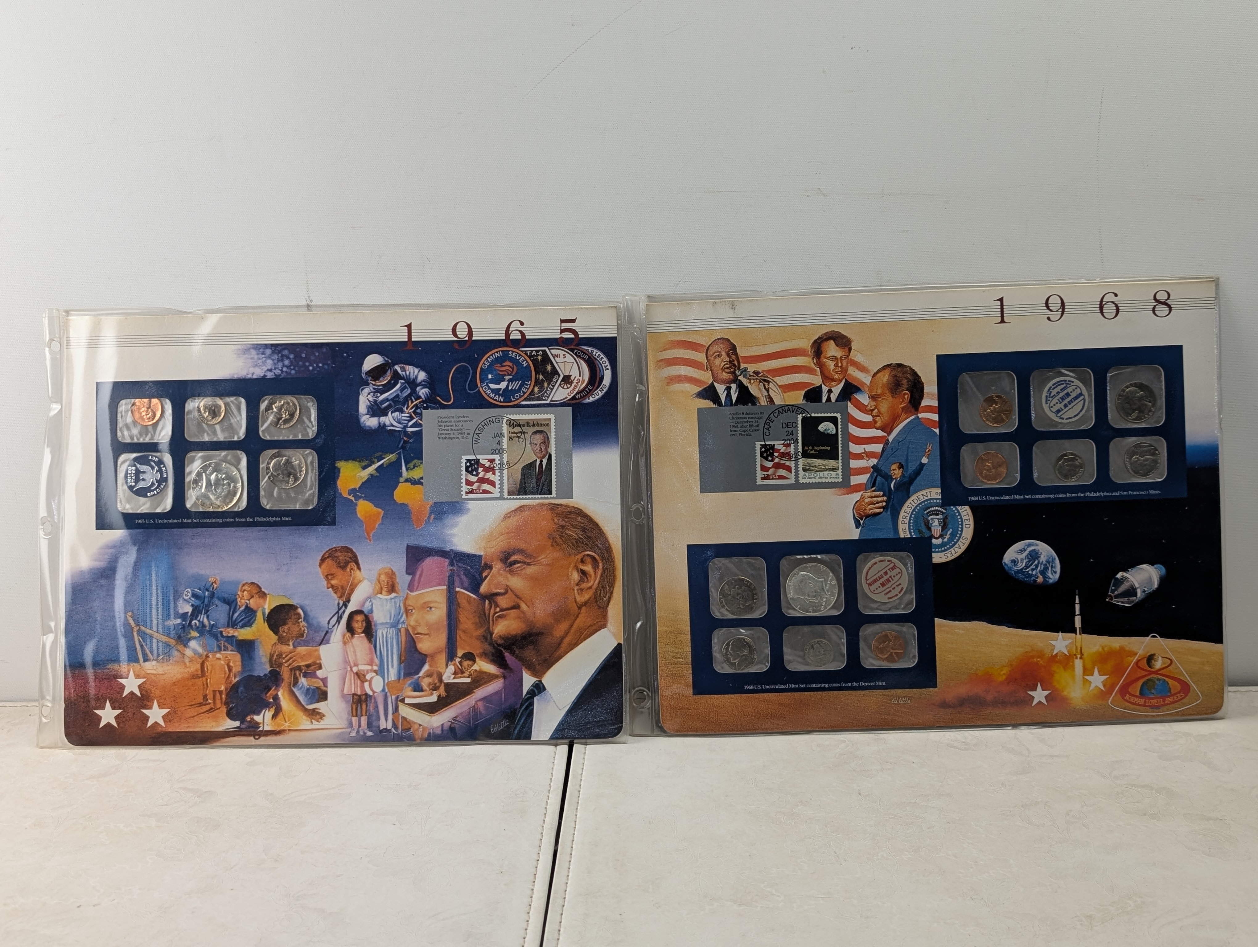 (12) U.S. Uncirculated Mint Sets P&D In Information Display Cards w/ Commemorative Stamps - Includes Some Silver Coins (1965 to 2008), Three