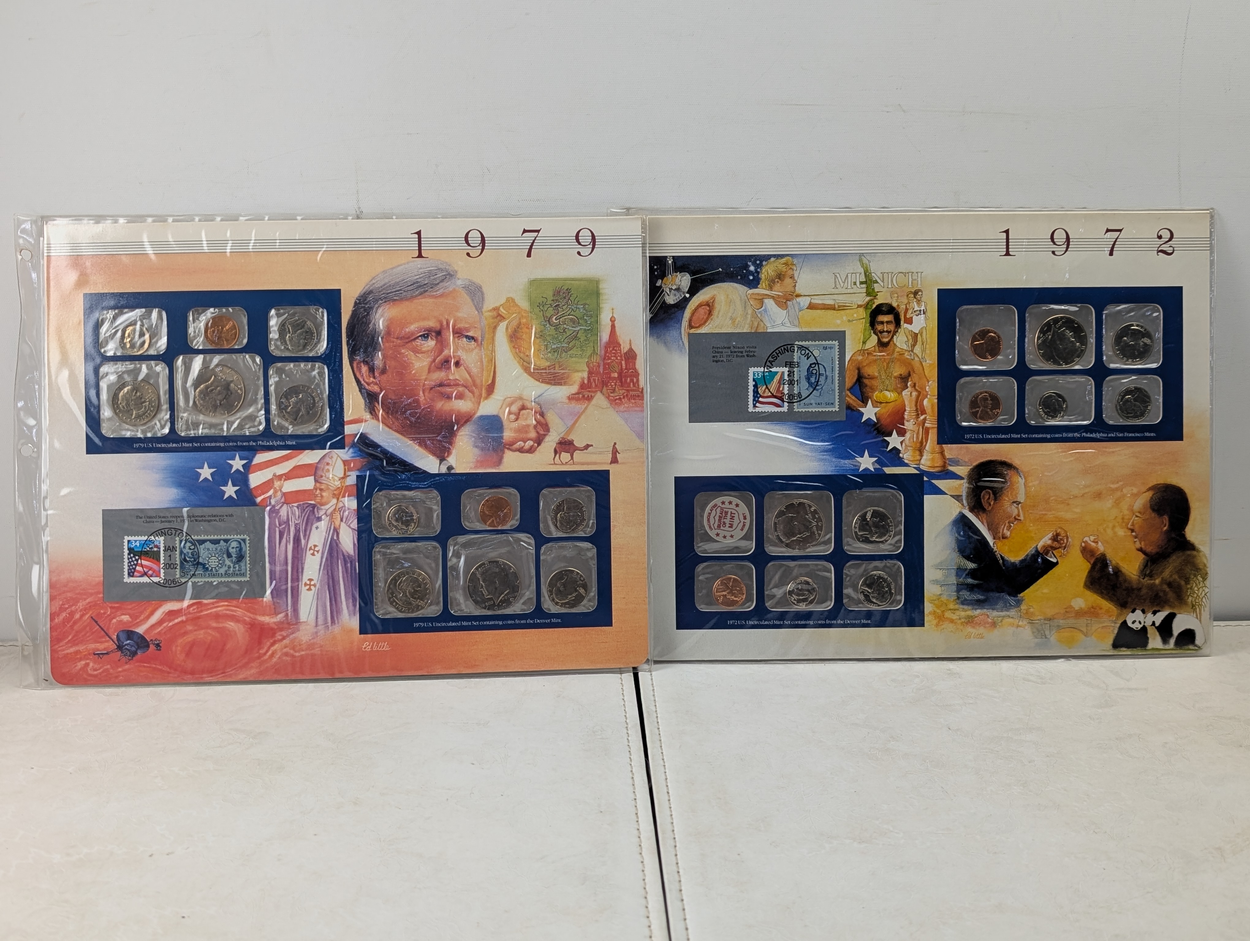 (12) U.S. Uncirculated Mint Sets P&D In Information Display Cards w/ Commemorative Stamps - Includes Some Silver Coins (1965 to 2008), Three